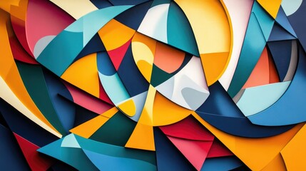 Dynamic geometric shapes in vibrant colors, seamlessly interconnected in swirling curves and angular lines