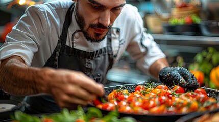 Obraz premium person preparing food in a restaurant Viral cooking hack demonstration chef in kitchen style