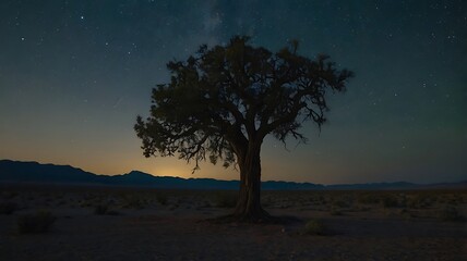 Lonely old tree in a landscape view of desert evening, sky is clear and the view is unique