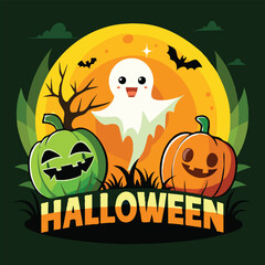 A vector illustration poster with ghost pumpkin tree and lettering HALLOWEEN on it