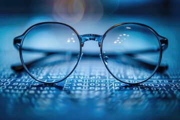 A pair of eyeglasses sits on a computer keyboard, reflecting the glow of the screen. The image represents the digital world and the need for focus and clarity.
