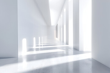 Obraz premium Bright minimalist hallway with long shadows and white walls, creating a clean and spacious atmosphere