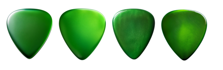 A collection of green guitar picks arranged in a row, showcasing different shades and textures for a vibrant musical display.