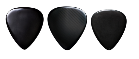 A dynamic trio of black guitar picks showcasing different textures and shapes, perfect for musicians and music enthusiasts.