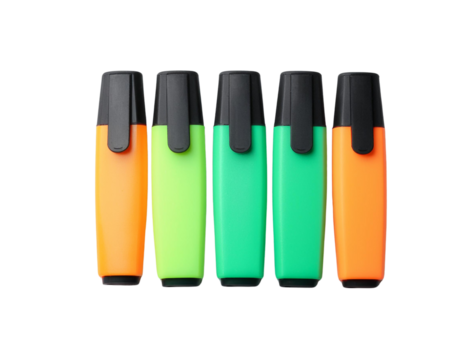 Colorful highlighters arranged in a row, perfect for studying, note-taking, or adding vibrant colors to your documents.