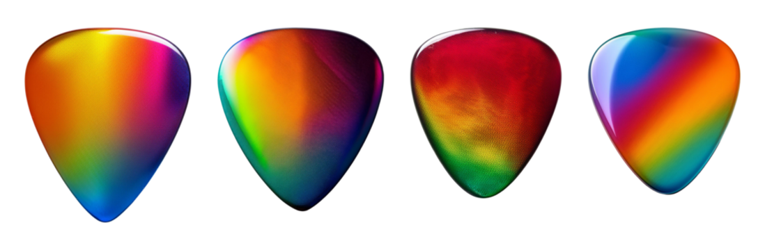 Vibrant rainbow guitar picks with colorful patterns, perfect for musicians and artistic expressions. Eye-catching and unique designs.