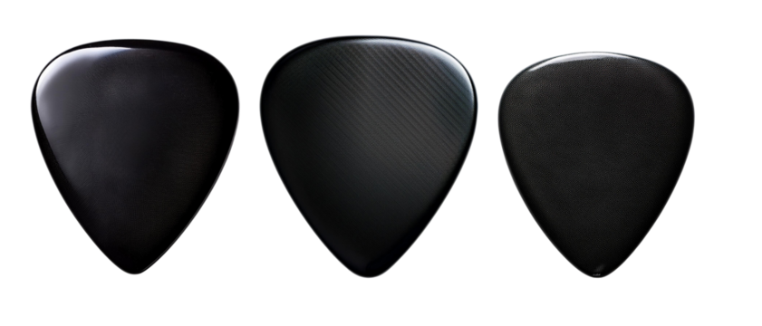 A dynamic trio of black guitar picks showcasing different textures and shapes, perfect for musicians and music enthusiasts.