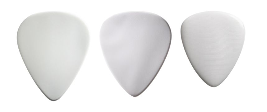 Three white guitar picks arranged in a row, showcasing their unique shapes and smooth surfaces for creative music designs.