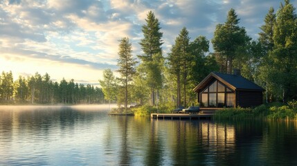 Fototapeta premium A tranquil lakeside cabin offering a beautiful view of calm waters and surrounding nature.