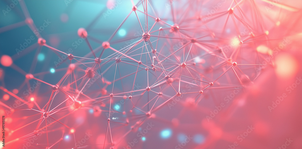 Poster abstract image of interconnected nodes, neural networks on a soft pink and blue background