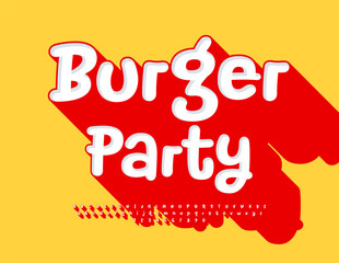 Vector funny invitation Burger Party. Playful 3D Font with Big Red Font. Artistic Alphabet Letters and Numbers set.
