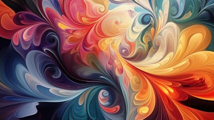 Fototapeta premium Vibrant swirling shapes and soft feathery textures create a kaleidoscopic abstract harmony of organic beauty