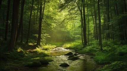 Fototapeta premium Serene forest with a stream and dappled sunlight filtering through