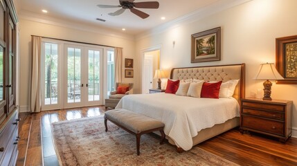 Fototapeta premium Spacious master suite in a luxury home with a king-sized bed and stylish decor