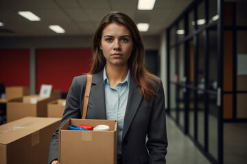 Unhappy laid off woman leaving office carrying personal belongings in a box