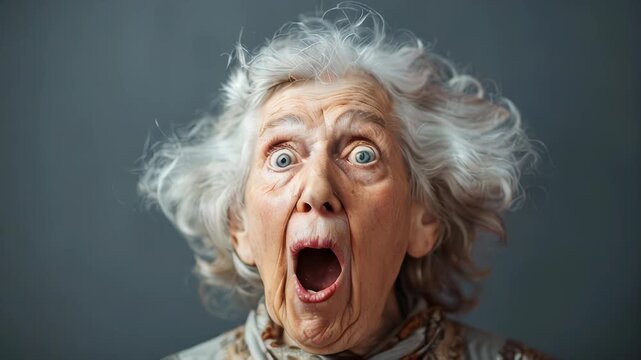 A very surprised elderly lady with wide open eyes and mouth on a grey background