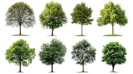 A variety of trees displayed on a white background, each one highlighted individually to show diversity in form and leaf shape.