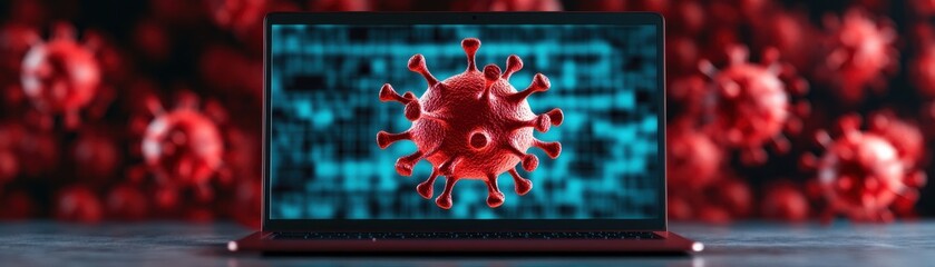 Conceptual image illustrating the impact of viruses on technology, featuring a laptop displaying a virus against a digital background.