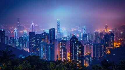 Fototapeta premium A panoramic view of a cityscape at night, with tall buildings illuminated by colorful lights. The city skyline is shrouded in a light haze, creating a dreamy atmosphere.