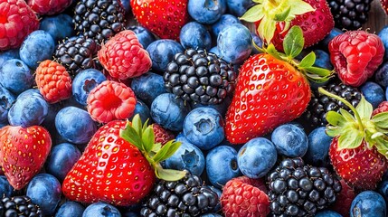   Strawberries, blueberries, raspberries, and strawberries are arranged in a pattern on top of each other
