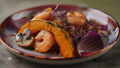 k&uuml;rbis, pilze, essen, rotkohl. close up, photo, scheiben, grill, zwiebeln, gegrillt, 3d, lila, orange, herbstliche, imbiss, snack, teller, veggie, vegan, makro, trendy, violet, ad