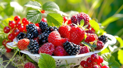  A bowl brimming with red & black berries atop a verdant bush, surrounded by lush foliage