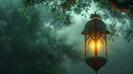 Hanging Ornamental Arabic lantern glowing in night invitation for Muslim holy month Ramadan Kareem.