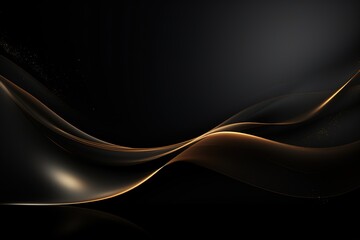 Abstract black background with golden wave and sparkling dust.