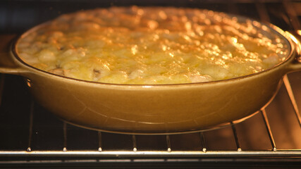 Cheese casserole baking in the oven. Close-up food photography. Cooking and baking concept