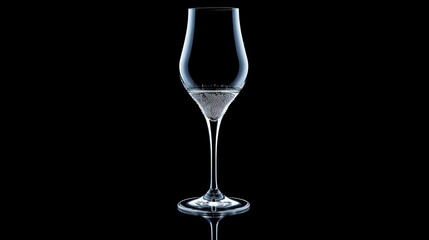   A wine glass perched atop a table, beside an empty wine bottle and a full glass of water