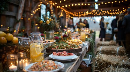 Fototapeta premium A charming barn dinner party, table covered with hearty meals and mason jars filled with lemonade, guests in relaxed attire, hay bales for seating, warm ambient lighting,
