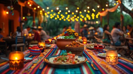 Naklejka premium A charming Mexican dinner party, long table adorned with vibrant tablecloths and decorations, taco bar with a variety of toppings, guests in festive attire, soft ambient lighting,