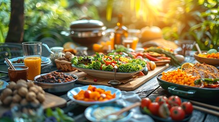 Fototapeta premium A charming vegan dinner party, table adorned with an assortment of plant-based dishes, guests enjoying the meal in an eco-friendly setting, reusable tableware and bamboo utensils,