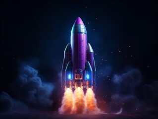 A striking 3D render of a vibrant blue rocket launching into a dark space background.