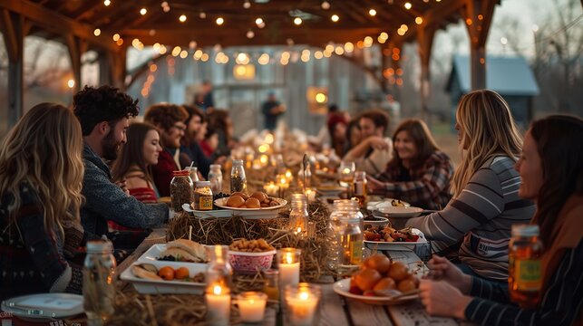 A cozy barn dinner party, long table covered with hearty meals and mason jars, guests enjoying the evening, hay bales for seating, soft ambient lighting,