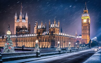 Fototapeta premium Winter night view of London iconic Westminster Palace and Big Ben, London.