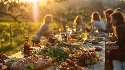 A cozy farm-to-table dinner party, wooden table adorned with fresh fruits, vegetables, and bread, guests in relaxed attire enjoying the evening, warm natural light casting a golden glow,
