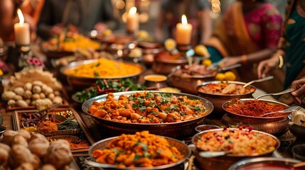 Fototapeta premium A cozy Indian dinner party, table adorned with vibrant spices, colorful decor, and traditional music instruments, guests in relaxed attire, soft ambient lighting, detailed Indian patterns,