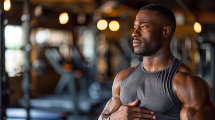 Fototapeta premium Man at gym, clutching stomach, weightlifting equipment in background, discomfort during strength training, fitness health.