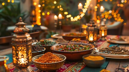 A cozy Indian-themed dinner party, table set with vibrant spices, colorful tablecloths, and traditional music playing, guests enjoying the evening in traditional attire, warm ambient lighting,