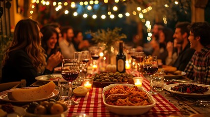 A cozy Italian dinner party, long table set with red checkered tablecloths, pasta dishes, and wine glasses, guests laughing and talking, warm lighting creating an inviting atmosphere,