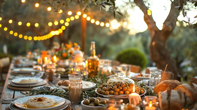 A cozy Mediterranean dinner party, long table set with a variety of olives, hummus, and bread, guests enjoying the evening, warm sunset lighting creating a golden glow,