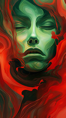 Fototapeta premium Abstract Portrait of a Woman Immersed in Swirling Red and Green Hues