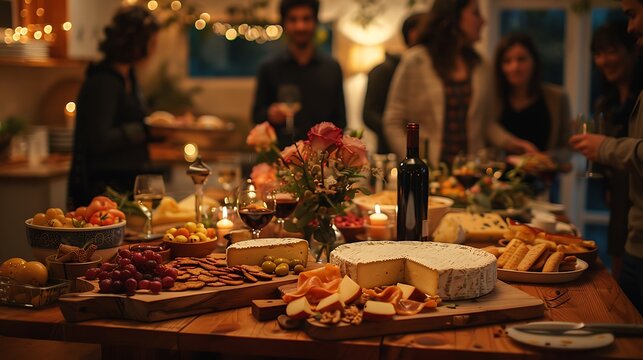 A cozy wine and cheese tasting dinner party, beautifully set table with gourmet cheeses and wine, guests mingling in semi-formal clothes, warm lighting creating an inviting atmosphere,