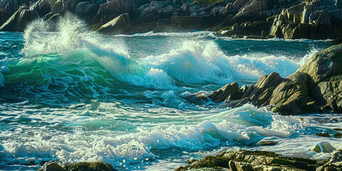 A beach with palm trees and waves