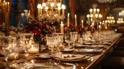 A grand formal dinner party, elegantly set table with silverware and crystal glasses, candlelit chandeliers casting a warm glow, guests in formal attire, opulent decorations and floral centerpieces,