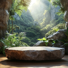 Stone podium for product design against the backdrop of a tropical forest
