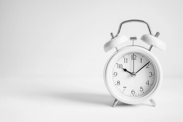 White alarm clock with black hands set to 12 o'clock on white background.