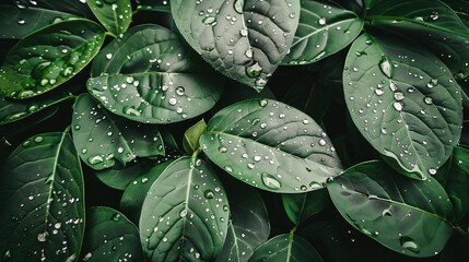 Fototapeta premium A few green leaves with water droplets on top of them