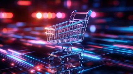 Futuristic shopping cart in a digital environment, A metallic shopping cart illuminated by neon lights in a digital, futuristic setting, representing online shopping and e-commerce technology.
